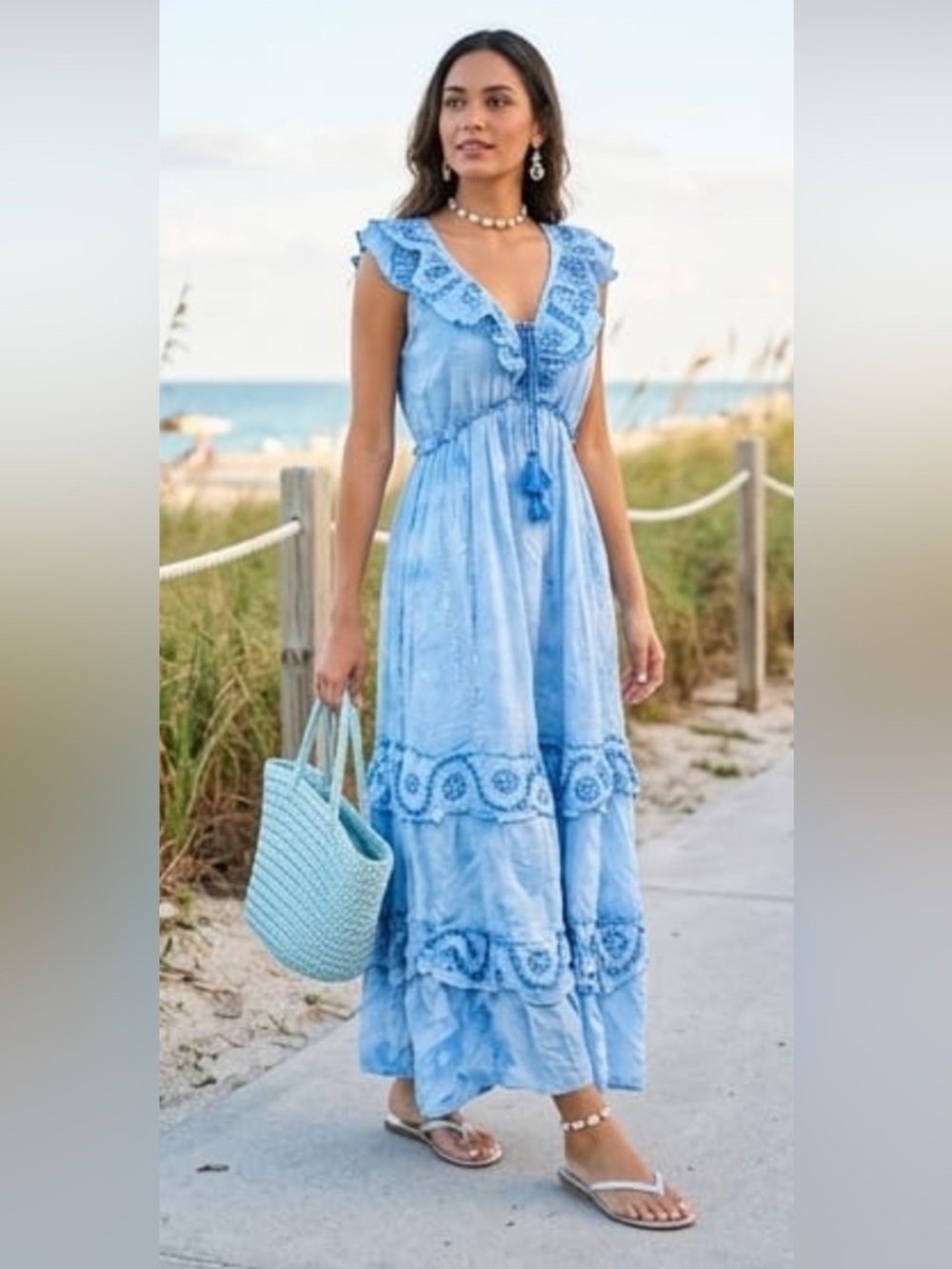 ShopEvelynne Light Blue Lace-Trim Maxi Dress